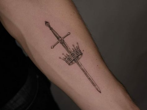 King Of Swords Tattoo, King Arthur Tattoo Ideas, Moksh Tattoo, King Arthur Tattoo, 888 Tattoo Ideas, Excalibur Tattoo, Aaron Core, Foot Tattoo Quotes, Historical Tattoos