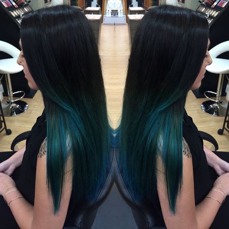 Loved doing this turquoise color! #lasalonbianca #bestsalon #fun #hair #color Turquoise Ends Of Hair, Black To Turquoise Ombre Hair, Cerulean Blue Hair, Tourquise Hair Ombre, Black Hair Teal Money Piece, Black To Teal Hair, Turquoise And Black Hair, Turquoise Peekaboo Hair, Teal Underneath Hair