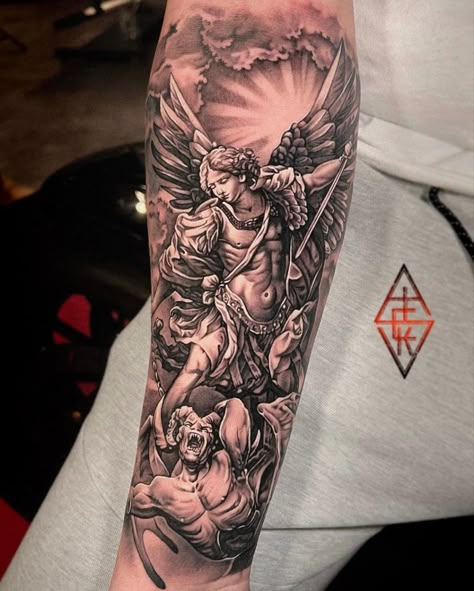 Forearm Sleeve Stencil, Jesus Tattoos Men, Saint Michael Tattoo Forearm, Stanczyk Tattoo, Men Tattoo Arm Sleeve Ideas, Mens Outer Forearm Tattoos, Religious Forearm Tattoo, Family Sleeve Tattoo For Men, David Vs Goliath Tattoo