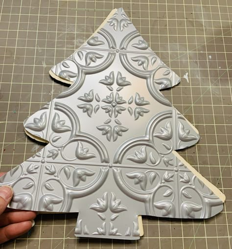 Dollar Tree Faux Tin Ceiling Tile Christmas Tree Dollar Tree Tile Snowman, Diy Cardstock Ornaments, Dollar Tree Self Adhesive Wall Tile Crafts, Dollar Store Tile Crafts, Dollar Tree Faux Tin Tile, Dollar Tree Ceiling Tile Crafts, Dollar Tree Tile Christmas Tree, Dollar Tree Christmas Crafts Diy 2022, Diy Dollar Tree Ornaments