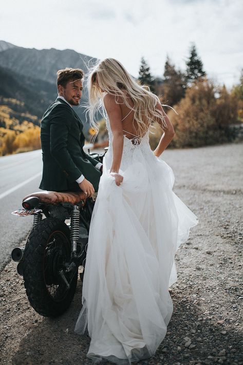 GQ-worthy Groom Motorbike and Beautiful Bride In Marjorie #motorcycle #motorcycle #wedding Motorcycle Wedding Pictures, Bike Wedding, Motorcycle Wedding, Biker Wedding, Rebecca Ingram, Dress Photography, Nature Inspired Wedding, Wedding Exits, Maggie Sottero Wedding Dresses