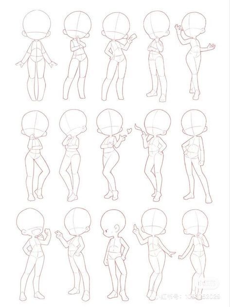 Anime Drawing Base Chibi, Chibi Drawings Reference, Sitting Down Chibi Pose, Chibi Anatomy Reference, Cute Chibi Poses Drawing, Chibi Poses Standing, Chibi Female Base, Kawaii Body Base, Cartoon Body Template