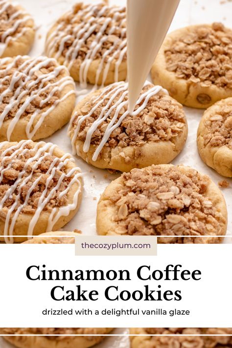 Cinnamon coffee cake cookies on parchment paper, with a piping bag drizzling vanilla glaze on top Fall Desserts Cinnamon, Crumb Cake Cookies, Cookies For Thanksgiving Dinner, Coffee Crumble Cookies, Cinnamon Brown Sugar Cookies, Brown Sugar Maple Cookies, Crumble Cookie Flavors, Brown Sugar Recipes Dessert, Cookies With Toppings