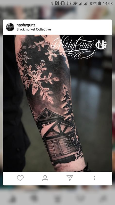 Winter Tattoo Sleeve, Winter Scene Tattoo, Tattoo Montagne, Mountain Sleeve Tattoo, Trap Tattoo, Snowflake Tattoos, Ice Tattoo, Aurora Tattoo, Berg Tattoo