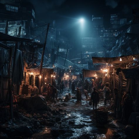 Dystopian City Slums, Wastelands Aesthetic, Dystopian Society Aesthetic, Dystopian Aesthetic City, Dystopian Slums, Fantasy Slums, Dystopian Cyberpunk Aesthetic, Slums Aesthetic, Dystopian Town