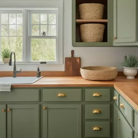 29 Stunning Green Kitchen Cabinet Ideas: Lush, Nature-Inspired Hues - DIYCozy: Nails, Decor, DIY, Gardening, Holidays Green Cabinets With Butcher Block Countertops, Butcher Block Countertops Color Cabinets, Evergreen Fog Kitchen Cabinets With Butcher Block, Green Kitchen With Butcher Block Counter, Green Kitchen Cupboards Ideas, Sage Cabinets With Butcher Block, Cabinet Color With Butcher Block Counter, Green Kitchen Butcher Block Countertops, Green Kitchen Counter