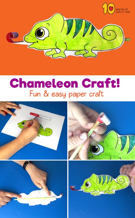 Chameleon With Moving Tongue Paper Craft! #animalcrafts#papercrafts Reptile Fine Motor Activities, Dinosaur Crafts For Kids, Lizard Craft, Chameleon Craft, Reptile Crafts, Kids Craft Ideas, Chameleon Art, Arts And Crafts House, Dinosaur Crafts