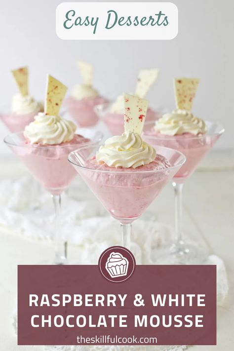 Indulge in a delightful blend of tangy raspberries and sweet white chocolate with this light, airy mousse. The rich flavors intertwine perfectly, creating a melt-in-your-mouth experience that's hard to resist. This Raspberry & White Chocolate Mousse is not only a treat to your taste buds, but a feast for your eyes too! It's easy, luxurious and the perfect end to any meal. Ready to impress with less stress? Hit 'Save' to keep this recipe at your fingertips! Easy White Chocolate Mousse, Strawberry White Chocolate Mousse, Raspberry White Chocolate Mousse, Raspberry White Chocolate Recipes, Chocolate Raspberry Mousse Cake Recipe, Easy Mousse, White Chocolate Mousse Recipe, Chocolate Raspberry Mousse Cake, Raspberry Mousse Cake