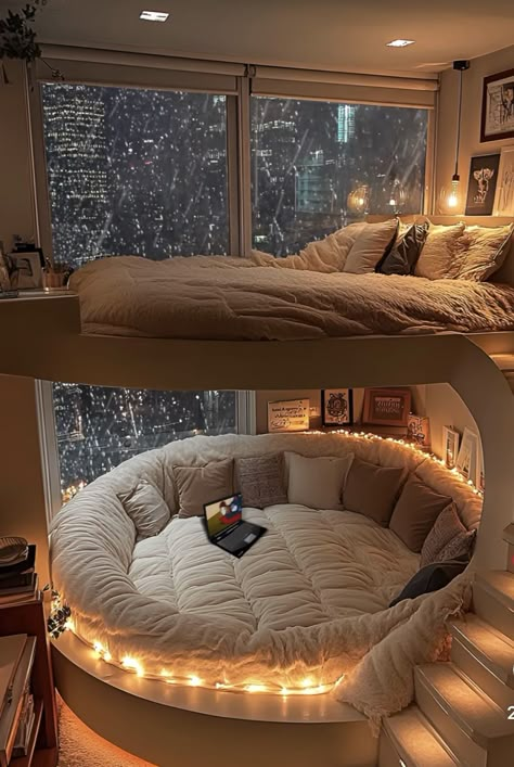 Cool Beds For Adults, Bedroom Nest Bed, Hanging Circle Bed, Round Bed In Small Bedroom, Bed Pit Bedrooms, Round Bed Corner, Crazy Bed Ideas, Bedroom Ideas Circle Bed, Cuddle Puddle Room