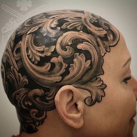 18 Baroque And Fancy Filigree Tattoos Mais Filigree Tattoos, Bald Head Tattoo, Baroque Tattoo, Urban Tattoos, Cap Tattoo, Scalp Tattoo, Filigree Tattoo, Bald Cap, Skull Sketch