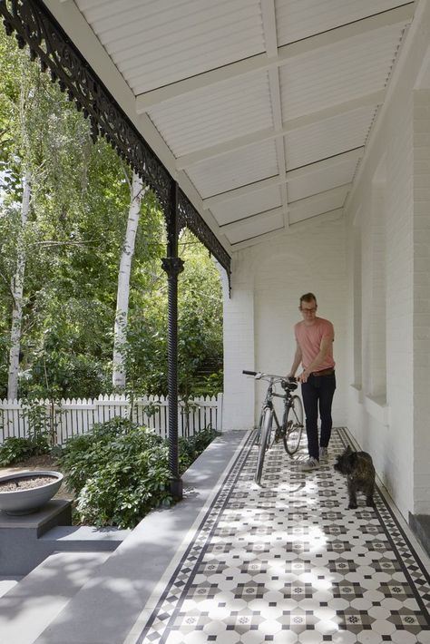 Terrace House Exterior, Victorian Porch, Front Verandah, Porch Tile, Yucca Valley, Patio Tiles, Casas Coloniales, Front Patio, Outdoor Tiles