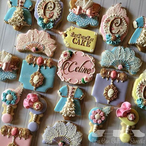 Marie Antoinette Baby Shower Cookies Baby Shower Cookies For Girl, Marie Antoinette Party, Teapot Cookies, Baby Shower Table Decorations, Ideas Baby Shower, Cookie Favors, Golden Birthday, Creative Cookies