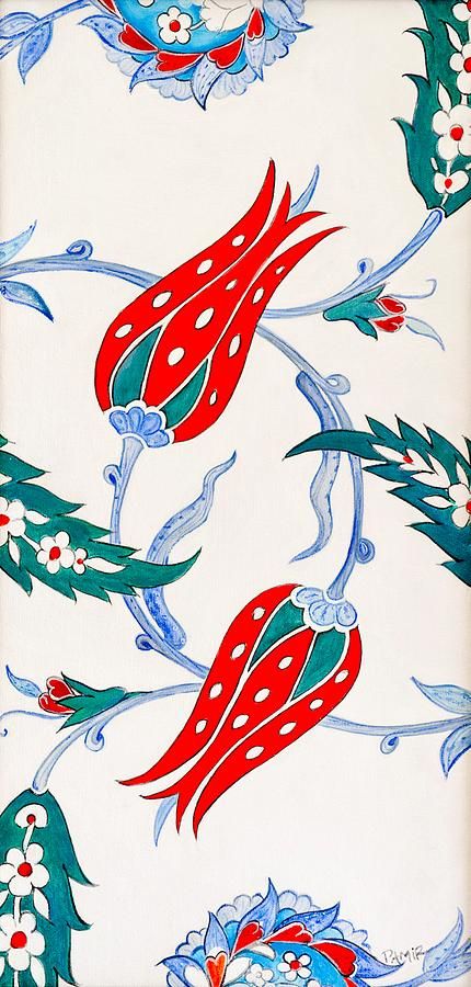 Dancing Tulips by Pamir Thompson Painting Dancing, Turkish Tile, Turkish Tiles, Tulip Painting, Tulips Art, Turkish Pattern, Turkish Ceramics, Turkish Design, Turkish Art