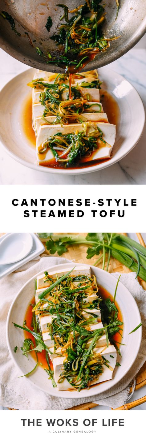 This Cantonese-Style Steamed Tofu recipe has all the great flavor of a Cantonese steamed fish, with ginger, scallions, cilantro, and sweet soy sauce, but with a more affordable—and sustainable—protein: tofu! Steam Tofu Recipe, Steamed Tofu Recipe, Steamed Recipes, Steamed Fish Recipes, Steamed Tofu, Tempeh Recipes, Steam Recipes, Chinese Cooking Recipes, Tofu Dishes