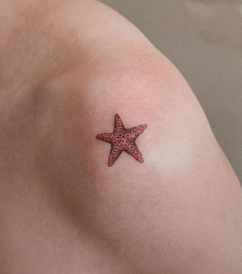 Starfish Watercolor Tattoo, Colored Shell Tattoo, Colored Starfish Tattoo, Starfish Shoulder Tattoo, Small Starfish Tattoo Simple, Simple Starfish Tattoo, Starfish Tattoos For Women, Tiny Starfish Tattoo, Small Starfish Tattoo