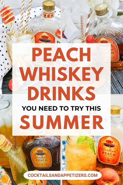 You'll really enjoy these easy peach whiskey cocktail recipes made with Crown Royal peach. These mixed spring whiskey drinks are great for Super Bowl drinks, happy hour drinks and game day whiskey drinks. Or to sip around the pool as a summer drink. Crown Royal Peach Drinks Recipes, Peach Whiskey Cocktails, Peach Whiskey Drink, Peach Cocktail Recipe, Super Bowl Drinks, Peach Moonshine, Whiskey Cocktail Recipes, Crown Royal Peach, Moonshine Cocktails