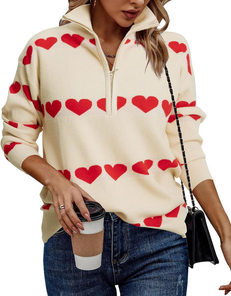 Love Heart Sweater Quarter Zip Sweater Women V Neck Valentines Pullover Sweatshirt Ribbed Knitted Loose Slouchy Tops Slouchy Top, Heart Sweater, Quarter Zip Sweater, Sweater Women, Quarter Zip Pullover, Zip Sweater, Ribbed Sweater, Heart Print, Pullover Sweatshirt