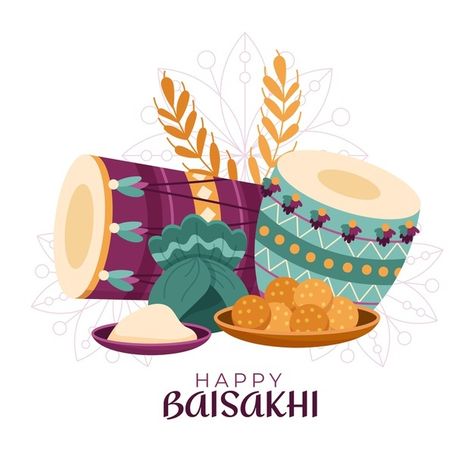 Flat happy baisakhi illustration Free Vector Baisakhi Aesthetic, Baisakhi Poster Design, Vaisakhi Drawing, Baisakhi Background, Happy Baisakhi Creative, Baisakhi Poster, Baisakhi Drawing, Festival Henna, Happy Vaisakhi