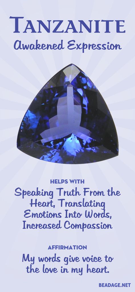 Tanzanite Properties & Meaning. By harmonizing and linking the heart and third-eye chakra, Tanzanite is a powerful stone for activating compassion and increasing the ability to speak the truth in your heart. It is an integrating stone that helps awaken an enlightened consciousness based in wholeness. Learn more about Tanzanite meaning + healing properties, benefits & more. Visit to find gemstone meanings & info about crystal healing. #gemstones #crystals #crystalhealing #beadage Tanzanite Crystal Meaning, Tanzanite Properties, Tanzanite Meaning, Crystal Benefits, Single Book, Crystal Healing Chart, Tanzanite Crystal, Healing Gemstones, Gemstones Crystals