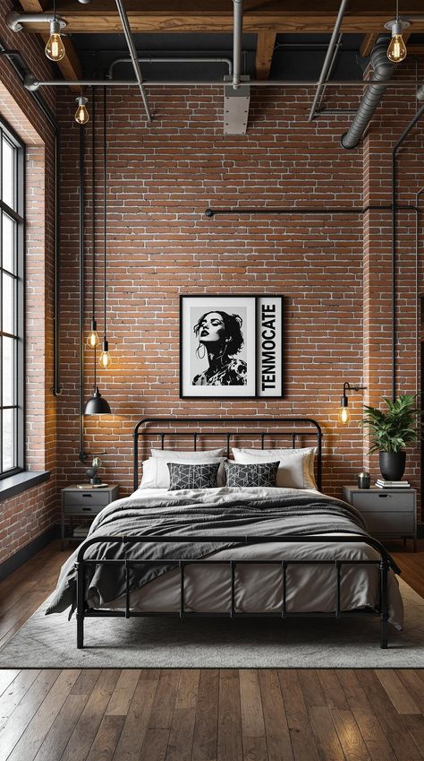 Bedroom Ideas For Adults Mid Century Industrial Bedroom, Industrial Room Decor, Industrial Apartment Bedroom, Cozy Industrial Bedroom, Loft Apartment Bedroom, Bedroom Ideas For Adults, Brick Wall Bedroom, Industrial Homes, Modern Industrial Loft