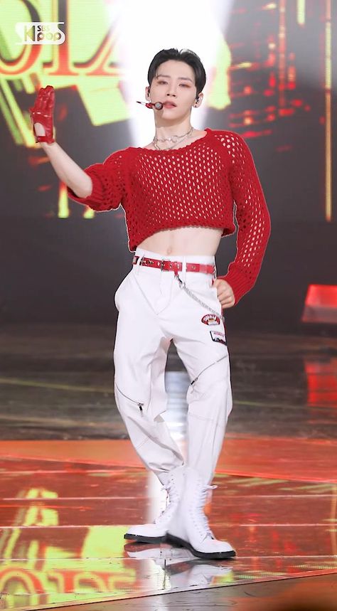 Korean Idol Outfit Stage Men, Male Stage Outfits, Male Idol Outfits, Outfit Ideas Men Korean, East Asian Fashion, Red And Black Outfits, Band Outfits, Different Outfits, Red Outfit