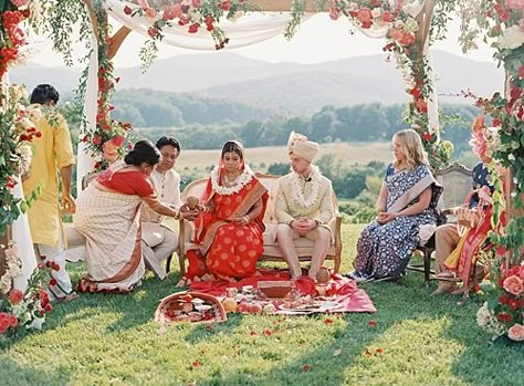 A Colorful, Traditional Indian Wedding at Pippin Hill - Paisley & Jade - Vintage & Specialty Rentals in Virginia, Washington, DC and North Carolina Mandap Ideas, Mandap Design, Modern Indian Wedding, Hindu Wedding Ceremony, Indian American, Telugu Wedding, Desi Wedding Decor, Mandap Decor, Pinterest Wedding