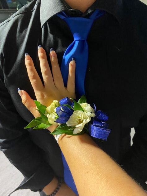 corsage royal blue homecoming Corsage Royal Blue, Blue Wrist Corsage, Royal Blue Homecoming, Hoco Inspo, Royal Blue Suit, Wrist Corsage, Blue Suit, Cute Fits, Homecoming