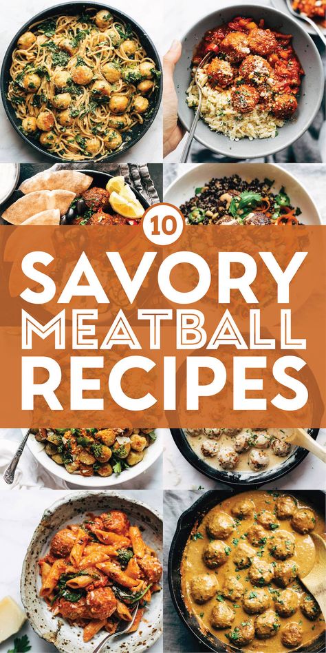 10 Savory Meatball Recipes! Who doesn't love a good meatball, yah? Available for snacking on right out of the pan, tossing into an amazing sauce, or as the perfect complement to any carby side, you really can't go wrong. They're easy, yummy, great for meal prep or feeding a hungry bunch. There are so many ways to meatball and here are some that we really love, including a delicious vegetarian option or two! #meatballs #dinner #recipe Savory Meatball Recipes, Meatball Dinner Ideas, Pork Meatballs Recipe, Meatballs Dinner, Healthy Meatballs, Baked Chicken Meatballs, Meatball Dishes, Savory Meatballs, Vegetarian Meatballs