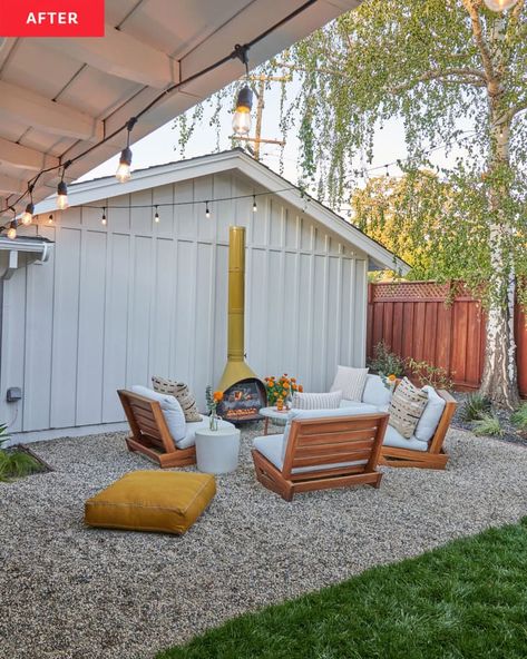 Back Patio Small Spaces, Garage Backyard Ideas, Simple Backyard Upgrades, Garden Off Patio, No Trees Backyard Ideas, Turn Driveway Into Patio, Cheap Landscaping For Large Yard, Large Backyard Patio Ideas, Small Pea Gravel Patio Ideas