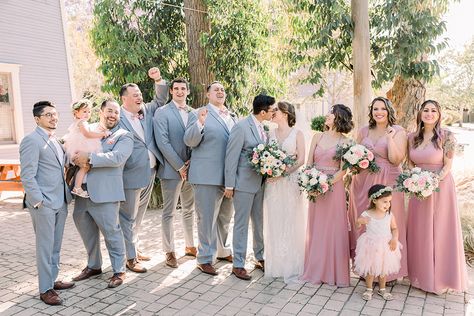 Grey Suit Pink Shirt, Light Grey Wedding Suit, Light Grey Wedding, Grey Wedding Suit, Bridal Party Colors, Dog Tux, Light Gray Wedding, Grey Tux, Blush Pink Wedding Dress