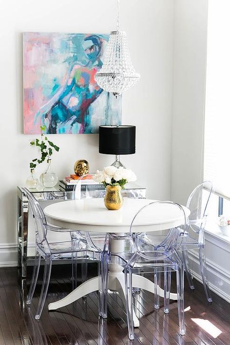 A clear beaded chandelier by Overstock illuminates a white Ikea Ingatorp Dining Table lined with Ghost Chairs. Clear Furniture, Dining Room Buffet Table, Dining Room Console, Dining Room Buffet, Industrial Interiors, Small Flat, Renovation Ideas, Dining Room Design, Apartment Living