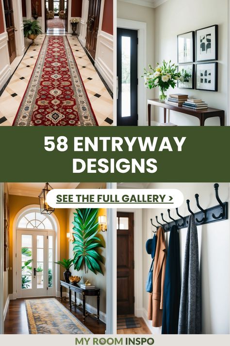 Explore 58 stylish entryway designs to transform your home. These four images display various looks, from cozy and inviting to elegant and modern, focusing on creating a beautiful first impression. Owners Entry Ideas, Entryway Ideas Black And White, Modern House Entrance Interior Entryway, Long Entry Hallway Ideas Modern, Entryway Layout Ideas, Formal Foyer Ideas Entryway, Wide Foyer Ideas Entryway, Office Entryway Ideas, Foyer With Window