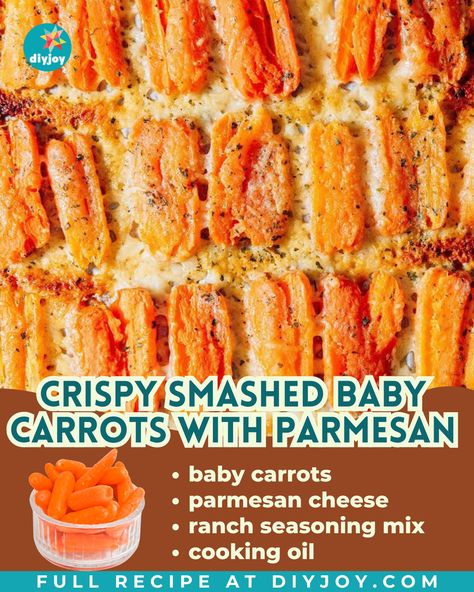 Turn your carrots into a delicious appetizer with this crispy smashed baby carrots recipe! They're easy to make and absolutely addicting. Crispy Ranch Baby Carrots, Smashed Baby Carrots With Parmesan, Smashed Baby Carrots, Smash Carrots, Smashed Carrots With Parmesan, Carrot Appetizers, Mashed Carrots Recipe, Smashed Carrots, Baby Carrots Recipe