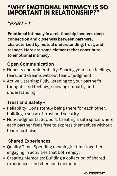 Discover the significance of emotional intimacy in today's relationships. Learn how open communication, trust, empathy, and shared experiences can deepen your connection and strengthen your bond. Explore tips for fostering emotional closeness with your partner. #RelationshipGoals #EmotionalIntimacy #CoupleGoals #HealthyRelationships #LoveAndConnection Building Emotional Connection, Creating Emotional Connection, How To Emotionally Connect Relationships, Emotional Connection With Husband, Emotional Closeness, Open Relationships, Relationship Guidelines, Relationship Expectations, Emotional Intimacy