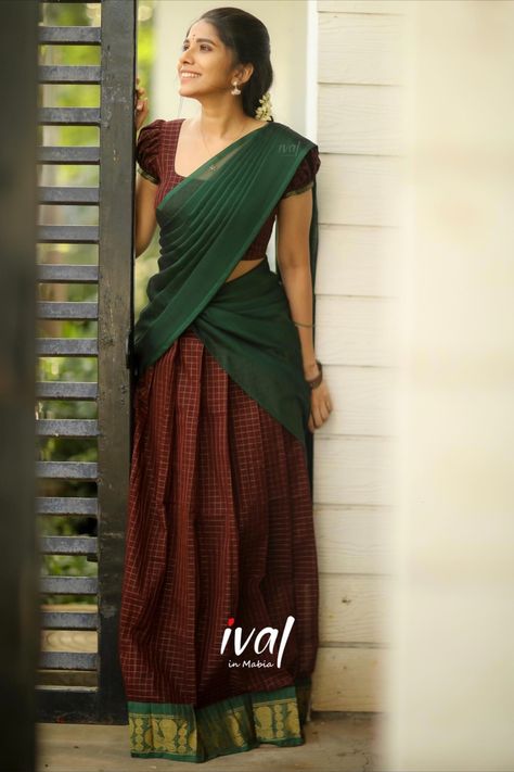 Vishu Dress For Women, Simple Dhavani, Brown Half Saree, Traditional Dhavani Designs, Simple Half Saree, Dhavani Designs, Puff Hands, Tamil Ponnu, Traditional Half Saree