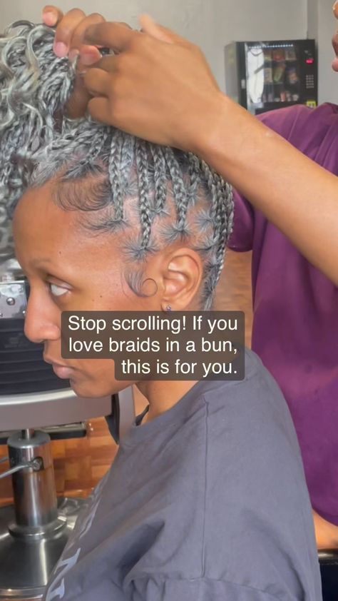 Dallas Braider | Salt & Pepper knotless braids! Showing my client how to stall her bun. Ask your stylist to assist you with a style or upkeep before… | Instagram Salt And Pepper Knotless Braids, Boho Knotless Braids Bun, How To Do A Messy Bun With Braids, Grey Braids Hairstyles, Knotless Braids Bun Hairstyles, Gray Knotless Box Braids, Grey Knotless Braids, Gray Braids For Black Women Silver Hair, Salt And Pepper Braids Black Women