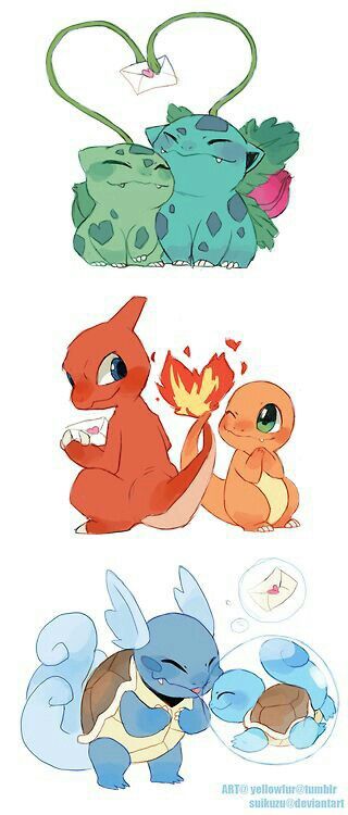 Valentine's Day, Bulbasaur, Ivysaur, Charmander, Charmeleon, Squirtle, Wartortle, cute; Pokemon Masterball Pokemon, Kanto Starters, Love Pokemon, 귀여운 음식 그림, Cute Pokemon Pictures, Pokemon Images, Pokémon Master, Cute Pokemon Wallpaper, Pokemon Drawings