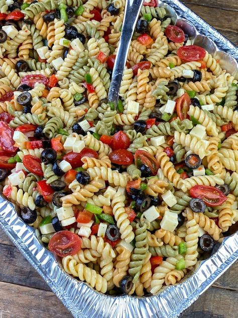 Tri colored rotini pasta salad with cherry tomatoes, olives, cheese, bell peppers and Italian dressing Try Color Pasta Salad, Tri Color Pasta Salad Recipes Cold, Box Pasta Salad Add Ins, Classic Italian Pasta Salad Recipes, Boxed Pasta Salad Add Ins, Pasta Salad Recipes Tri Color, Pasta Salad With Rotini Noodles, Tri Color Rotini Pasta Salad, Tri Color Noodle Pasta Salad