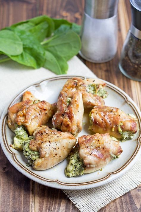 Stuffed Chicken Thighs with Spinach and Cream Cheese looks gourmet but you can actually make this dish quickly enough for a weeknight meal. So good! #chickenrecipes Stuffed Chicken Thigh Recipes, Stuffed Chicken Thighs, Ketogenic Meals, Cream Cheese Spinach, Goat Cheese Stuffed Chicken, Chicken Breast Crockpot Recipes, Easy Crepe Recipe, Crockpot Chicken Breast, Spinach Chicken