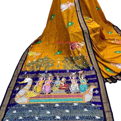 This handloom cotton saree showcases the timeless art of Pattachitra painting on its pallu, depicting the divine love of Radha Krishna. The exquisite motifs of the painting are beautifully complemented by intricate designs adorning the saree's border. Crafted with care, this saree comes with a matching blouse fabric, completing the ensemble. Embrace the grace and artistic allure of this traditional handloom cotton saree, a true masterpiece of craftsmanship. Love Of Radha Krishna, Handloom Cotton Saree, Divine Love, Art Decor Diy, Saree Border, Timeless Art, The Grace, Intricate Designs, Blouse Fabric