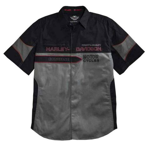 Harley-Davidson Men's Finest Quality Short Sleeve Woven Shirt, 96112-16vm. Made Of 100% Cotton Twill, That Is Washed For Softness. Hidden Snap Front And Snap-Down Collar. One Zippered Chest Pocket. Contrasting Piping. Embroidered Graphics On Front And Back Yoke. 96112-16vm Harley-Davidson Men's Finest Quality Short Sleeve Woven Shirt Made Of 100% Cotton Twill That Is Washed For Softness Hidden Snap Front And Snap-Down Collar One Zippered Chest Pocket Contrasting Piping With Embroidered Graphics Mechanic Clothes Men, Harvey Davidson, Race Fashion, Harley Davidson Shirts, Mechanic Clothes, Mechanic Shirt, Harley Davidson Clothing, Shirt Outfit Men, Mechanic Shirts