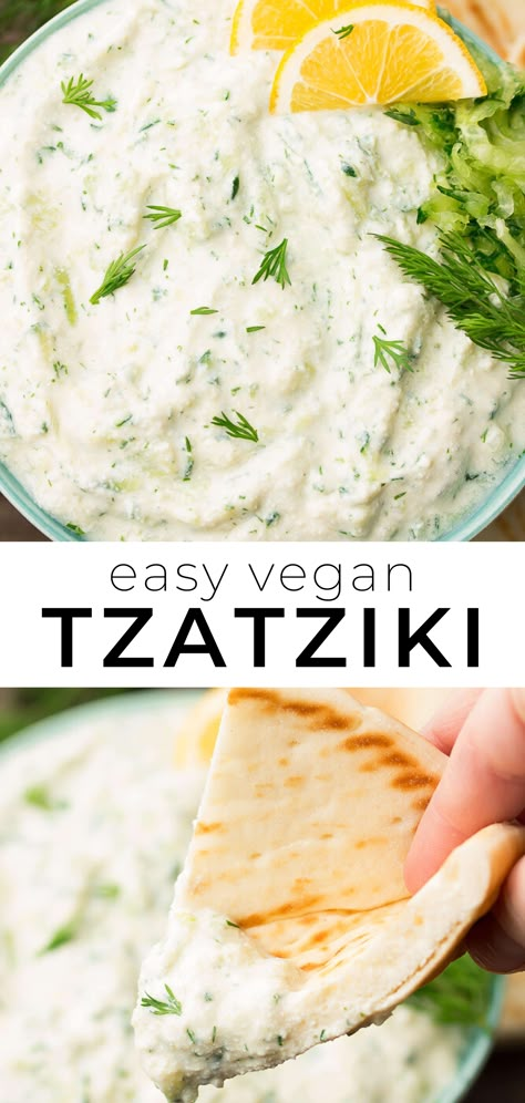 Easy Vegan Tzatziki Sauce Recipe with no nuts! Perfect with Falafel. #vegan #plantbased Falafel Vegan, Tzatziki Sauce Recipe, Vegan Tzatziki, Tzatziki Recipes, Vegan Dip, Vegan Sauces, Tzatziki Sauce, Vegan Appetizers, Vegan Condiments