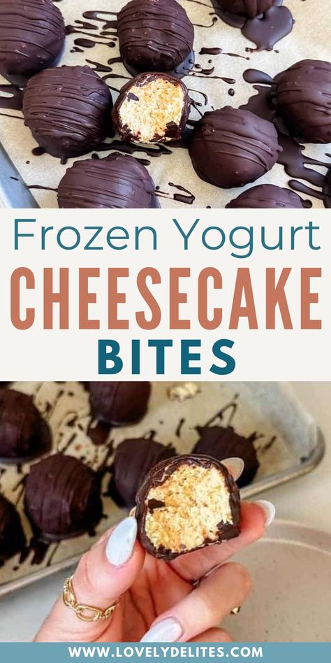 Try these low sugar Frozen Yogurt Cheesecake Bites. Satisfy your sweet tooth with these homemade Frozen Yogurt Mini Cheesecake Bites! Low in sugar and packed with protein, greek yogurt gives the perfect tangy cheesecake flavor. A guilt-free treat you can enjoy anytime! Desserts That Use Greek Yogurt, Keto Yogurt Dessert, Greek Yogurt Cheesecake Bars, Cooking With Yogurt Recipes, Protein Frozen Yogurt Bites, Chocolate Covered Greek Yogurt Bars, Greek Yogurt Bars Frozen, Greek Yogurt Cheesecake Healthy, Desserts Using Greek Yogurt