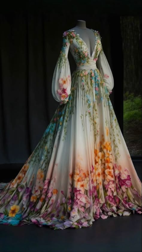 Spring Fantasy Clothing, Spring Court Aesthetic Outfits, Spring Court Outfit, Spring Court Fashion, Autumn Court Dress, Spring Court Dress, Cottagecore Ballgown, Garden Of Time Dress, Acotar Dresses