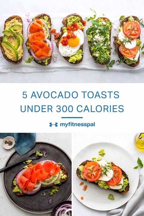 Try these five riffs on avocado toast, each with no more than 300 calories and five ingredients. Low Calorie Recipes With Avocado, Avocado Calories, Breakfast Under 400 Cal, Calories In Avocado, Breakfast Under 300 Calories Healthy, Low Calorie Toast Ideas, Avocado Toast Calories, Low Calorie Avocado Toast, Low Cal Avocado Toast