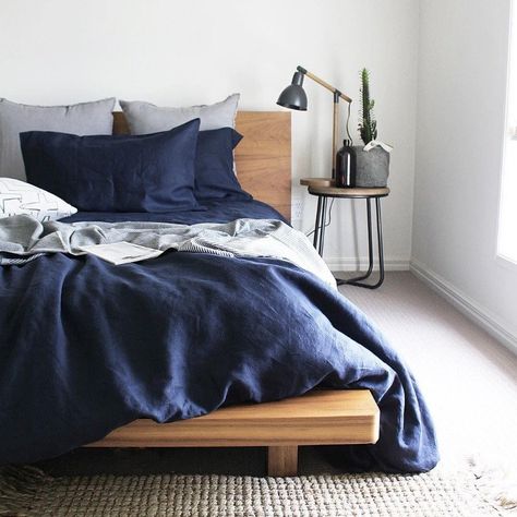 Navy Bedrooms, Navy Bedding, Grey Linen Bedding, Blue Sheets, Bed Linen Design, Sanctuary Bedroom, Luxury Bedding Sets, Bed Linens Luxury, Bed Sets