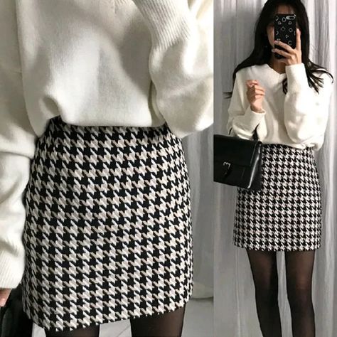 Houndstooth Mini Skirt Outfit, Houndstooth Skirt Outfit, Houndstooth Outfit, Smart Casual Women Outfits, Smart Casual Women, Classy Outfits For Women, Cheap Skirts, Stylish Winter Outfits, Old Fashion Dresses