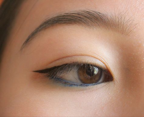 using nyx jumbo eye pencil in blueberry pop, black liquid eyeliner, makeup for asian eyes with epicanthal fold, blue eye makeup, blue under eye liner, smoky blue makeup look Makeup For Epicanthal Folds, Simple Dark Blue Eye Makeup, Brown Eye Makeup With Blue Liner, Epicanthal Fold, Blue Bottom Eyeliner, Dark Blue Makeup Looks Simple, Blue Eye Makeup Asian, Epicanthic Fold Eyeliner, Blue Liner Brown Eyes