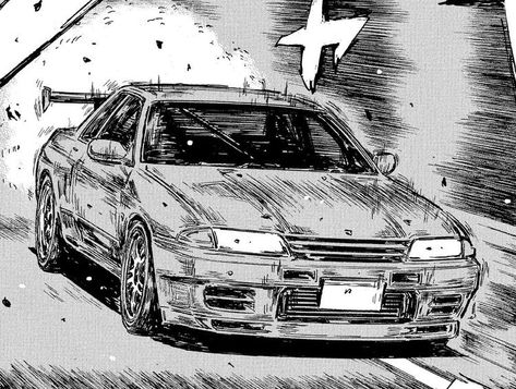 Initial D Sketch, Nissan Gtr Art, Nissan Skyline Sketch, Nissan Gtr Sketch, R32 Initial D, Initial D R32, Initial D Manga Panels, Nissan Gtr Drawing, Car Manga