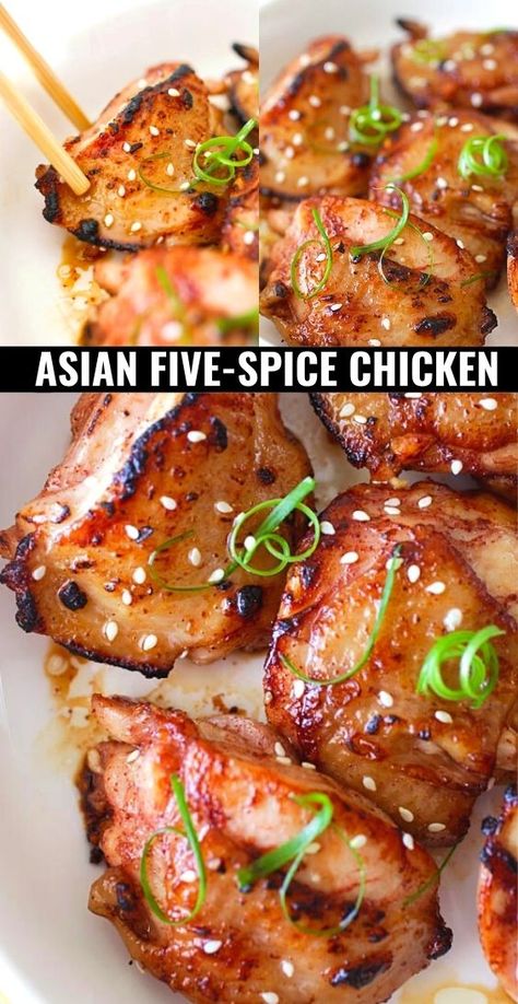 Five Spice Chicken, Asian Chicken Recipes, Asian Dinners, Chinese Cooking Recipes, Boneless Chicken Thigh Recipes, Easy Chinese Recipes, Asian Chicken, Chicken Spices, Think Food